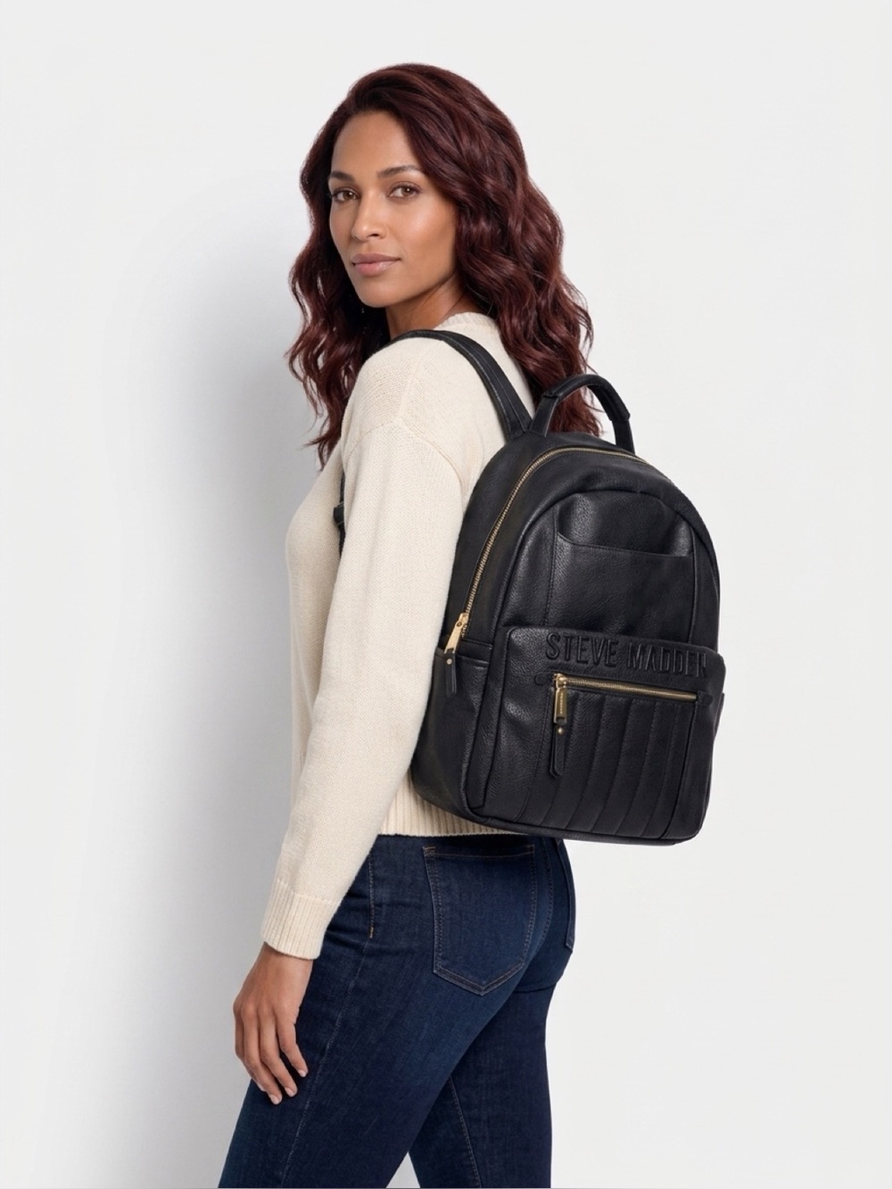 Steve Madden Black Faux Leather Logo Backpack with Gold Zipper